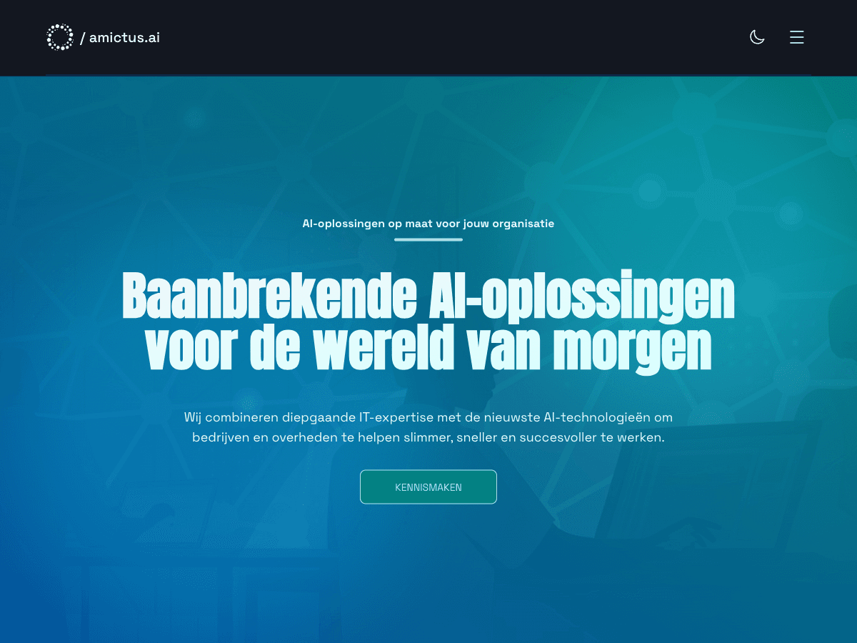Amictus.ai homepage with gradient background and AI solutions tagline